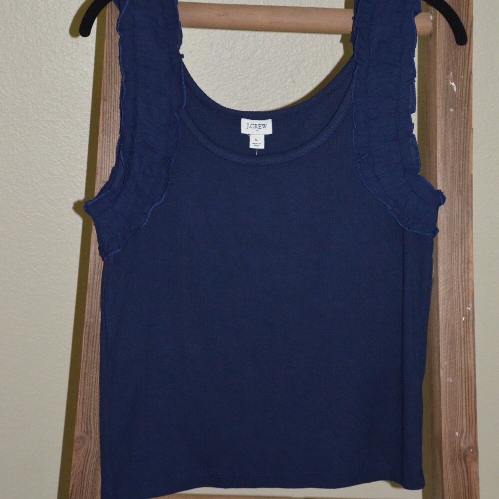 J Crew Factory Navy tank with Ruffles Size L NWT